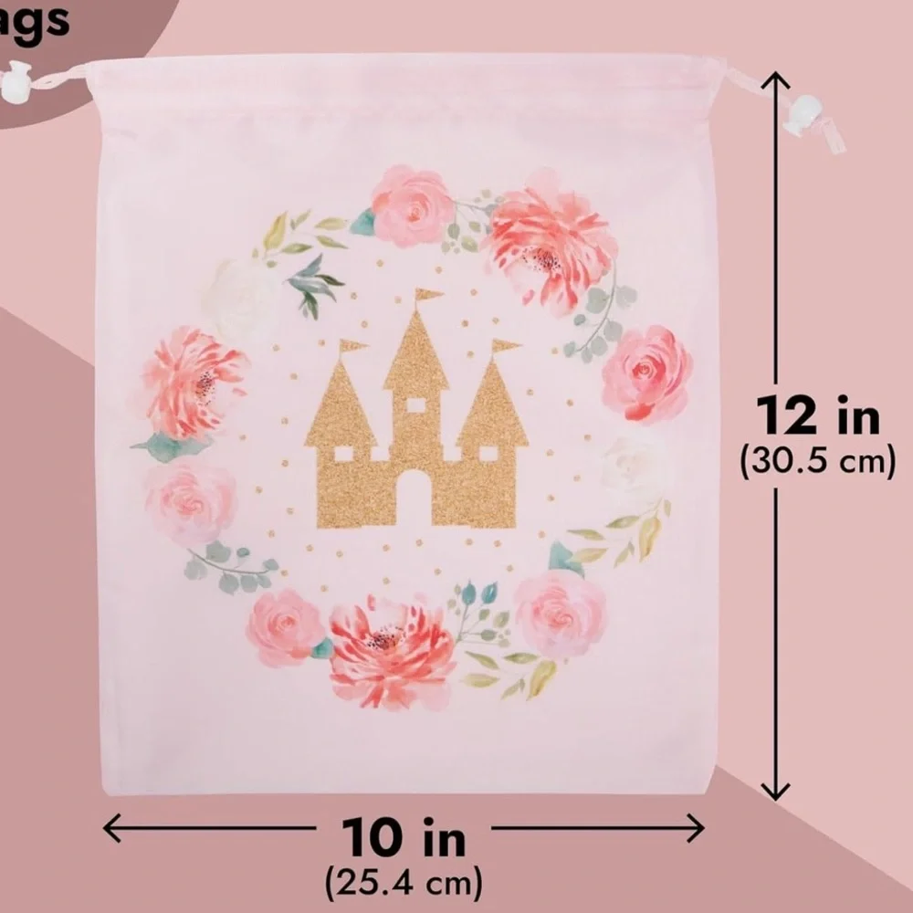 Pink Drawstring Bag with Gold Castle Design (14 Drawstring bags)
